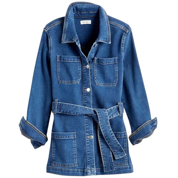 ON 34th Jackets & Blazers - On 34th Women's Belted Denim Wrap Jacket Long Length Fall Winter Medium Wash XS